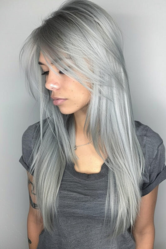 Woman with long, straight silver hair