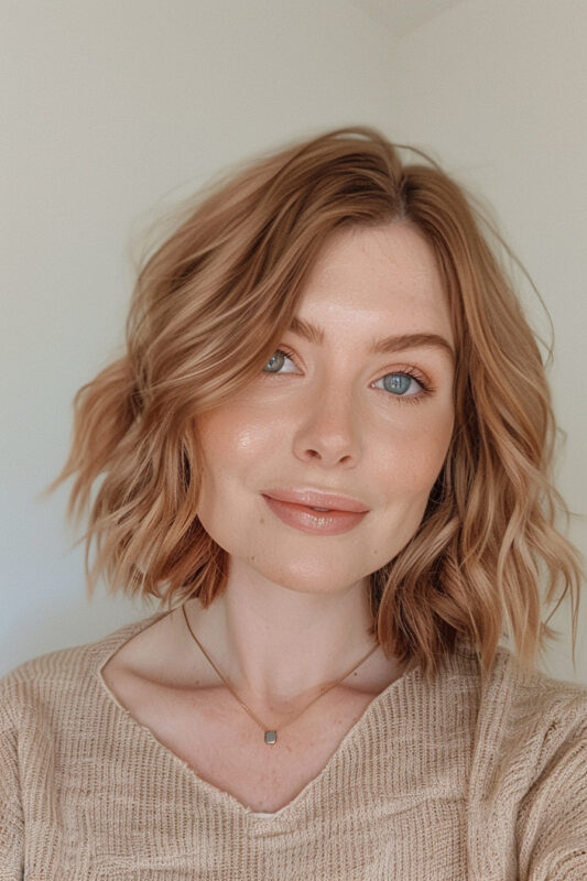 A woman with a strawberry blonde wavy bob.