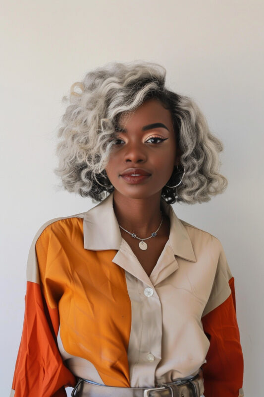 Woman with a voluminous silver bob haircut