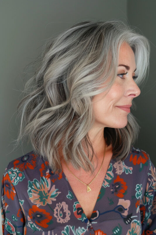 Woman with long, wavy silver hair