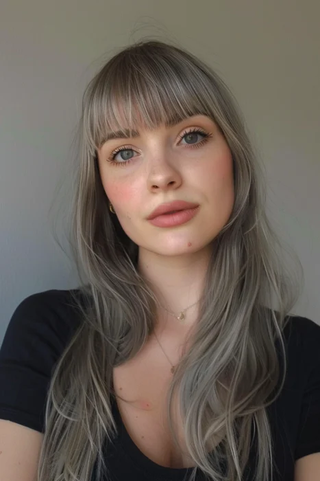 Woman with ash blonde hair and bangs.