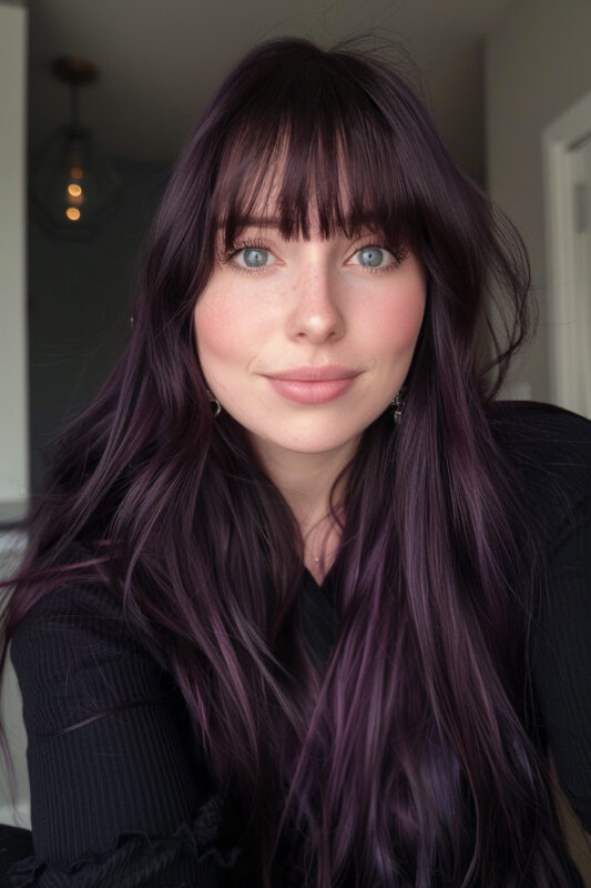 Woman with long dark hair and bangs.