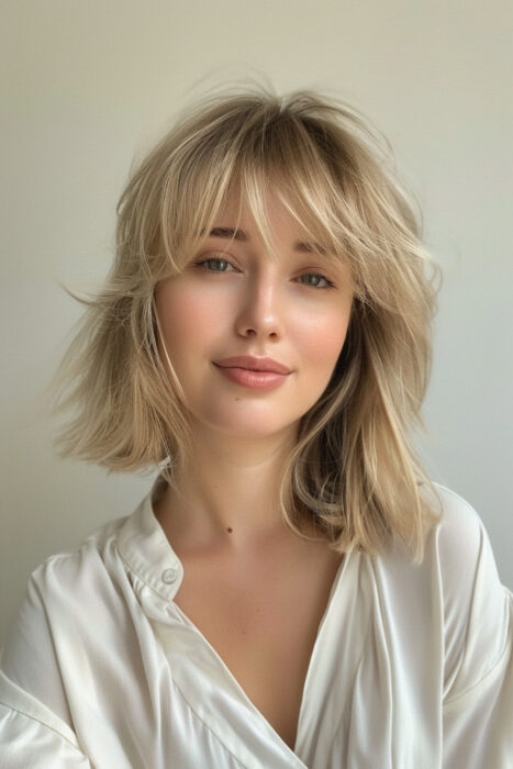 Woman with medium-length blonde hair and bangs.