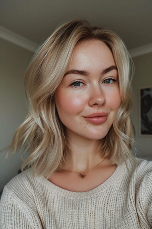 Woman with blonde, wavy shoulder length hair.