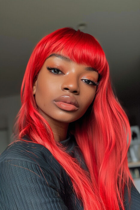 Woman with bright red hair and bangs.