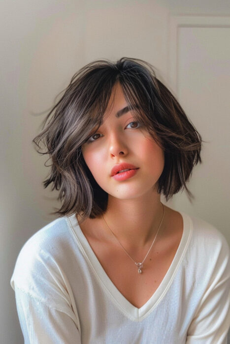 Woman with a brown bob and bangs.