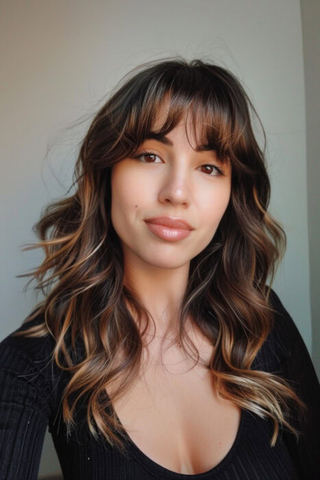 Woman with brown hair, bangs, and highlights.