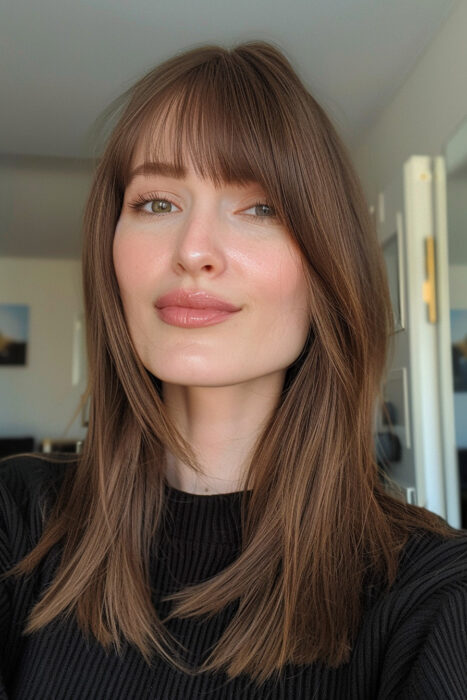 Woman with brown hair, bangs, and layers.