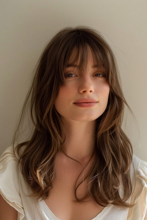 Woman with brown hair and long bangs.