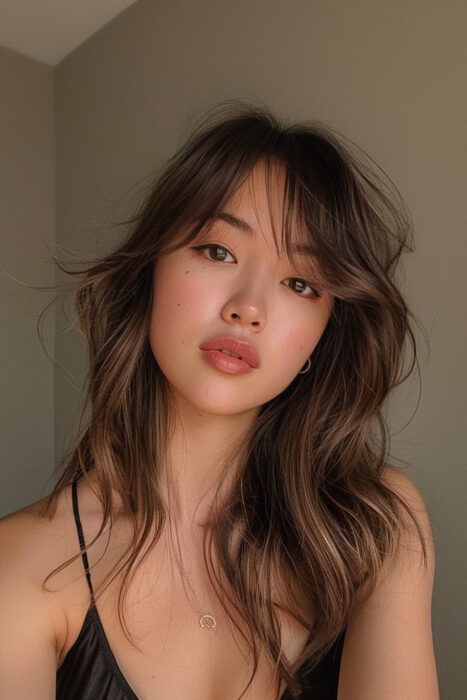 Woman with brown layered hair and curtain bangs.