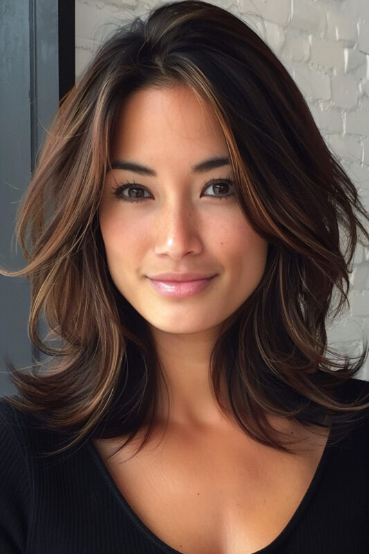 Woman with brown shoulder length hair and layers.