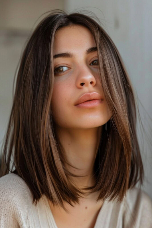 Woman with brown, straight shoulder length hair.