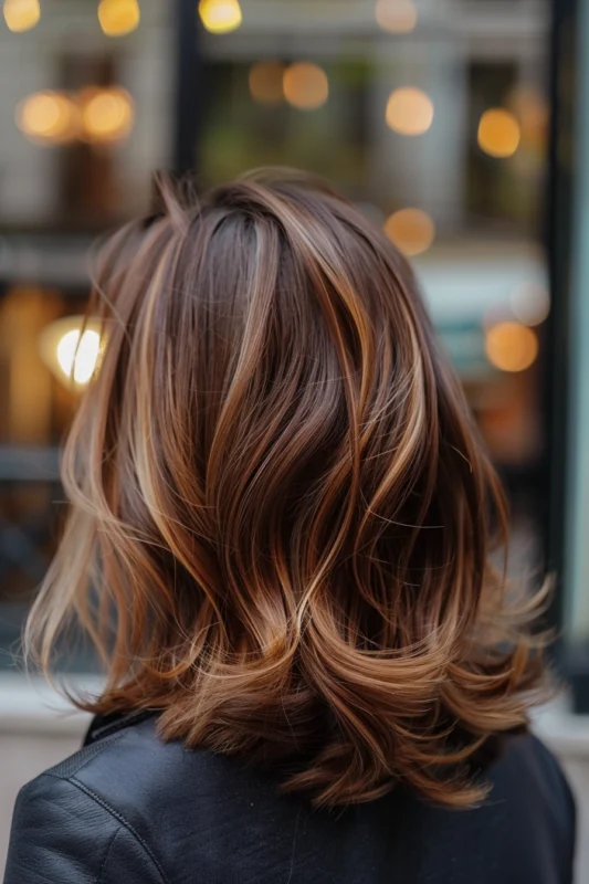 Woman with brown, wavy shoulder length hair.