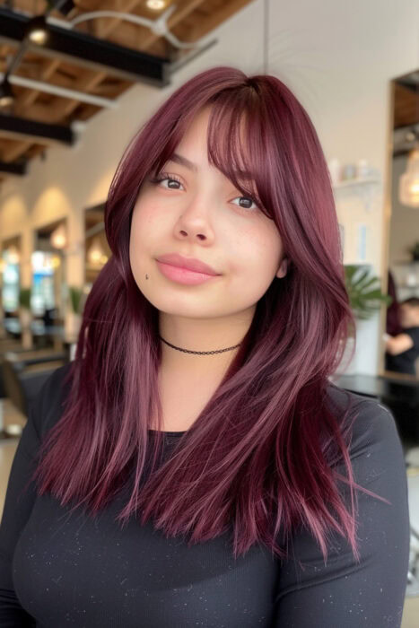 Woman with burgundy red hair and bangs.