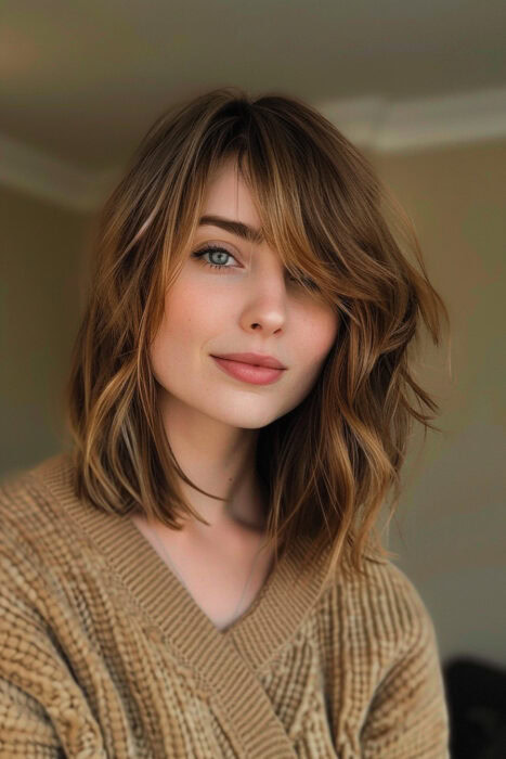 Woman with caramel brown hair and bangs.