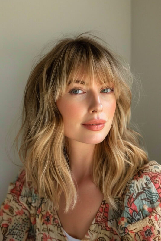 Woman with choppy shoulder length hair and bangs.