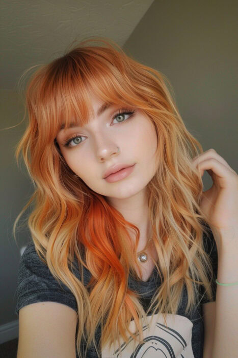 Woman with copper and blonde hair and bangs.