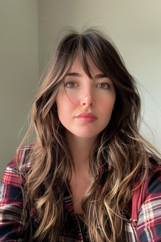 Woman with long brown hair and curtain bangs.