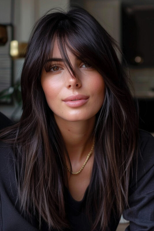 Woman with dark brown hair and long bangs.