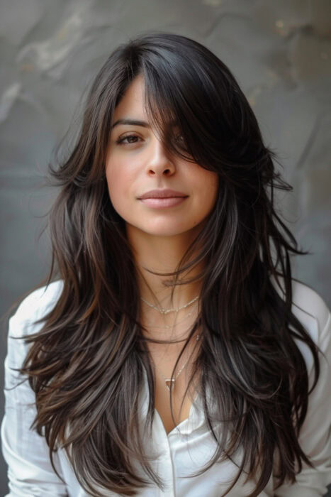 Woman with dark brown hair and long bangs.