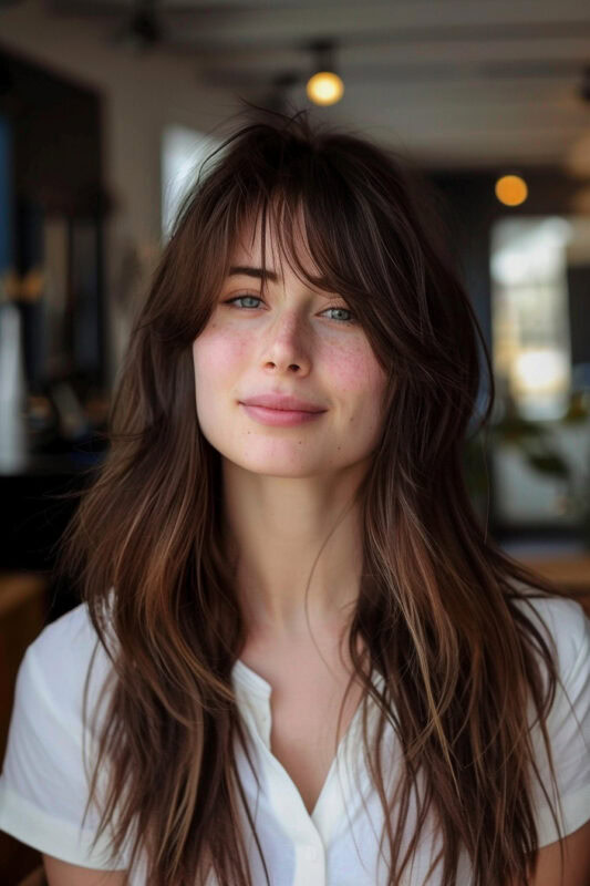 Woman with dark brown hair, long layers, and curtain bangs.