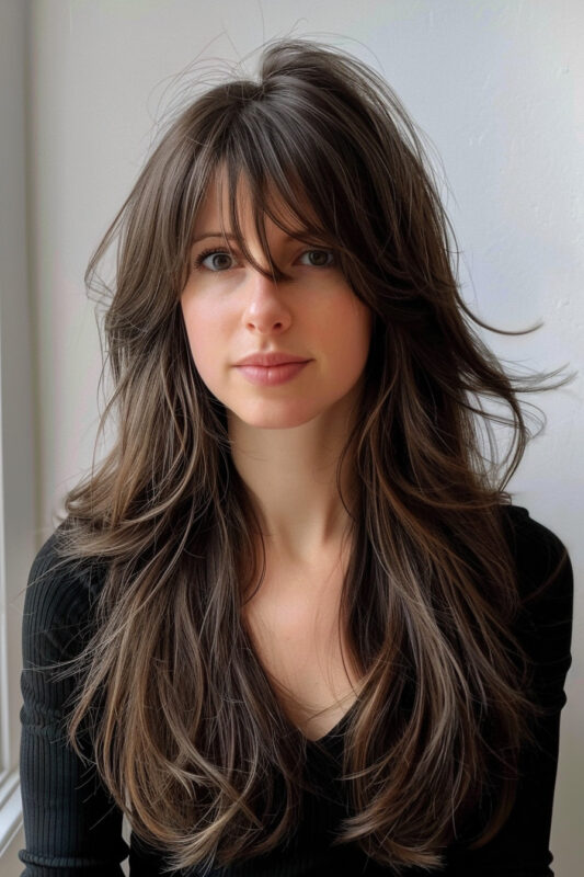 Woman with long dark brown hair and curtain bangs.