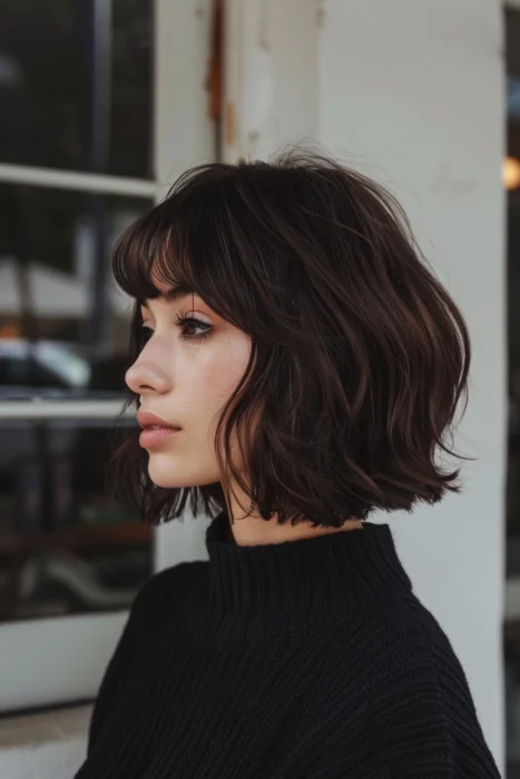 Woman with a dark French bob and bangs.