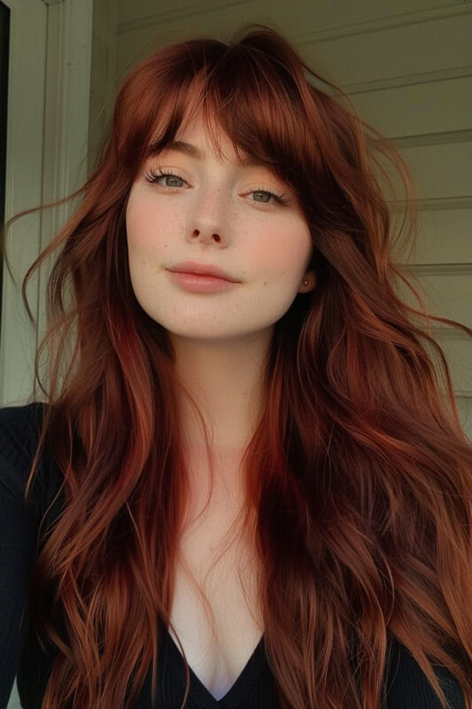 Woman with long dark red hair and bangs.