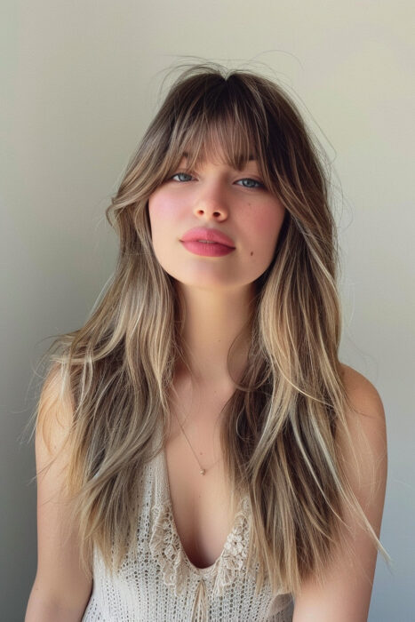 Woman with dirty blonde hair and curtain bangs.