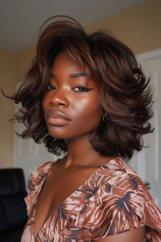 Woman with feathered shoulder length hair.