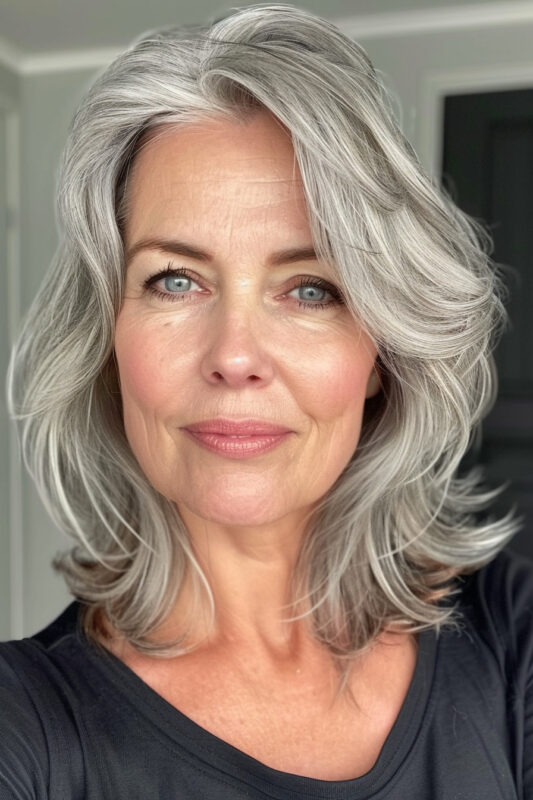 Woman with gray shoulder length hair.