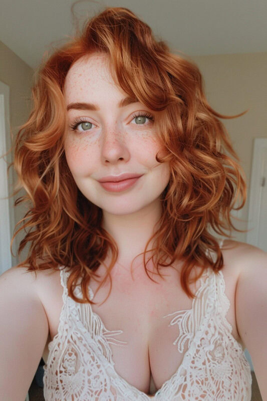 Woman with layered, curly shoulder length hair.