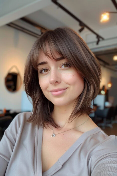 Woman with light brown hair and bangs.