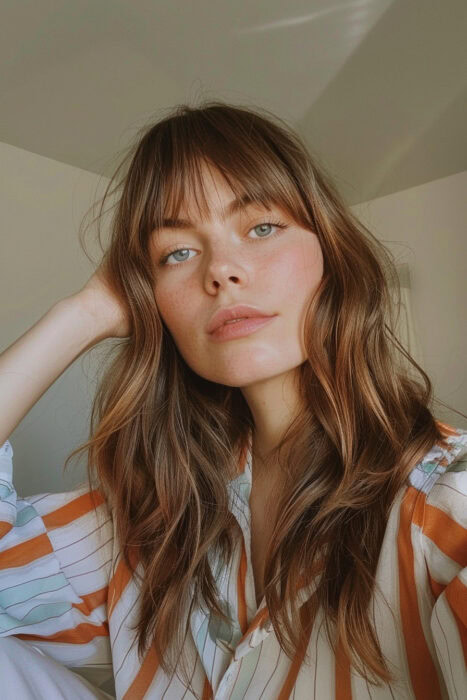 Woman with light brown hair and curtain bangs.