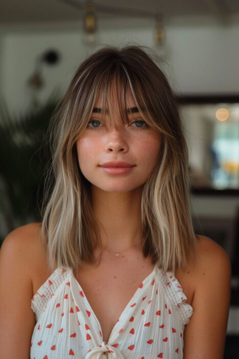 Woman with light brown hair, blonde highlights, and curtain bangs.