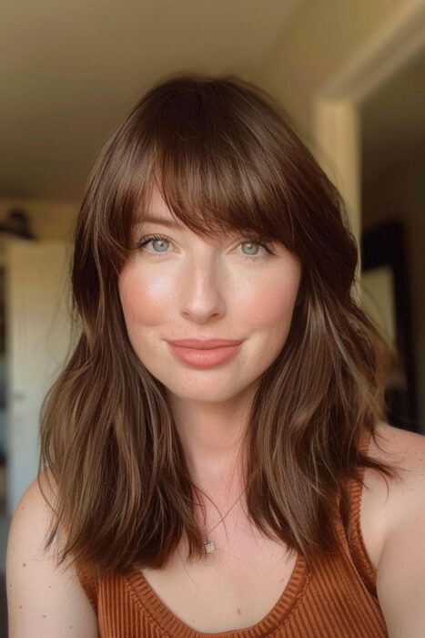 Woman with light brown hair, layers, and curtain bangs.