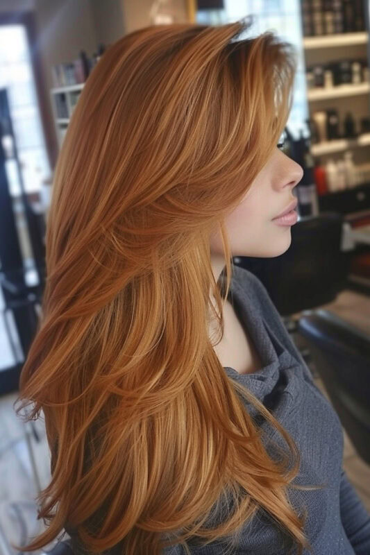 Woman with a long blonde layered haircut.