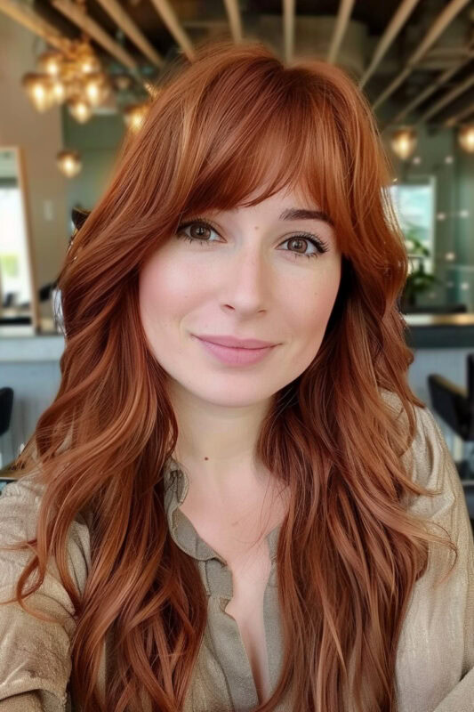 Woman with long auburn hair and bangs.