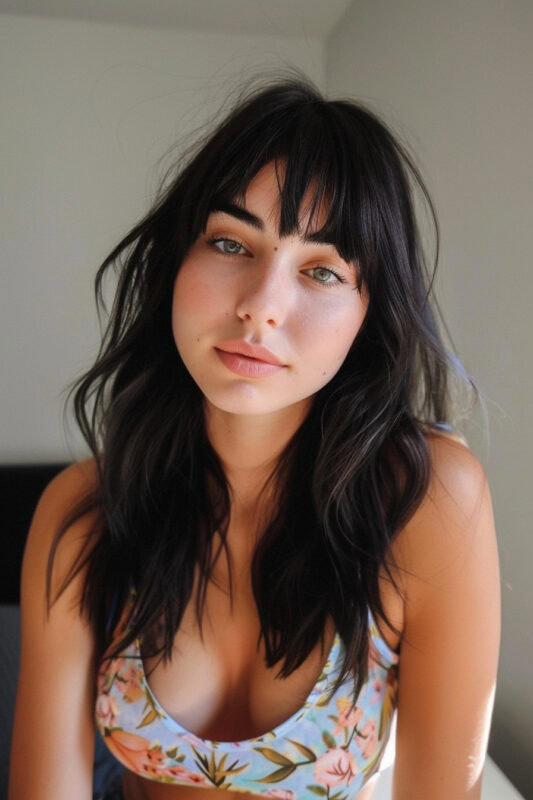 Woman with long black hair and bangs.