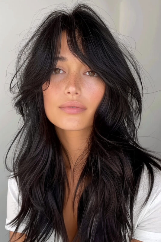 Woman with long black hair, layers, and bangs.