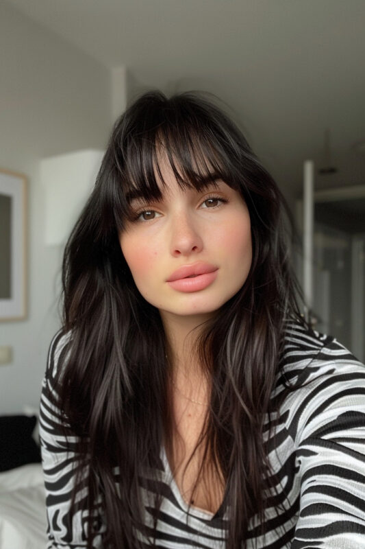 Woman with long black hair and wispy bangs.