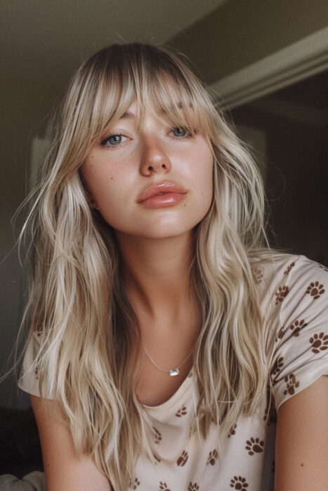 Woman with long blonde hair, bangs, and layers.