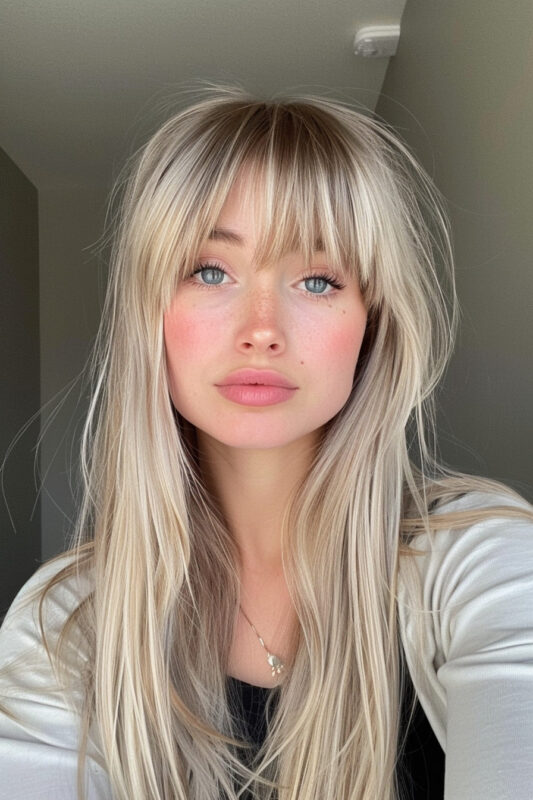 Woman with long blonde hair and wispy bangs.