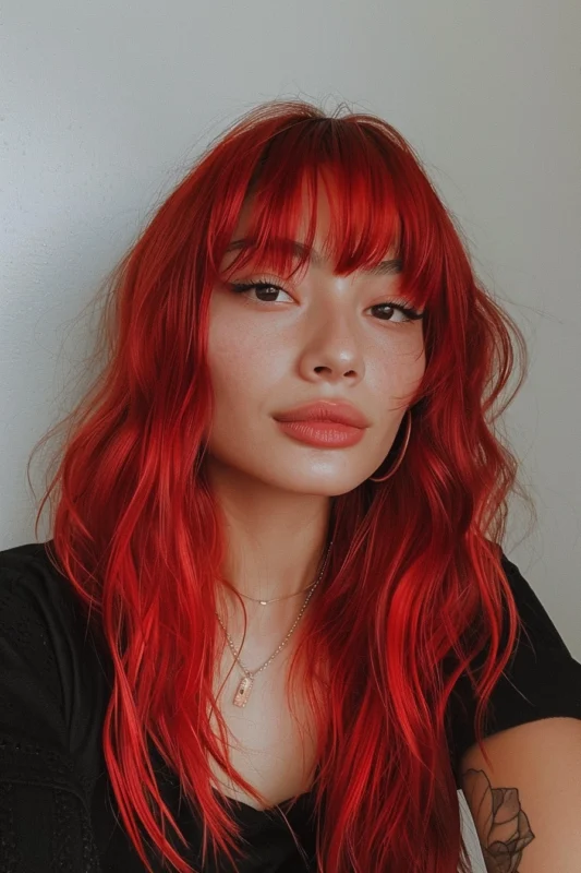 Woman with long bright red hair and bangs.