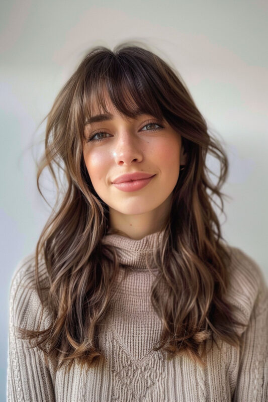 Woman with long brown hair and long bangs.