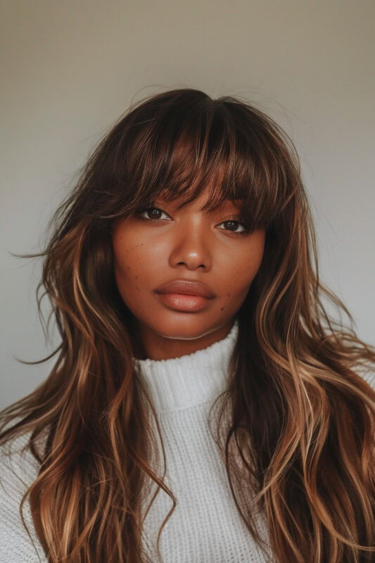 Woman with long brown hair, blonde highlights, and curtain bangs.