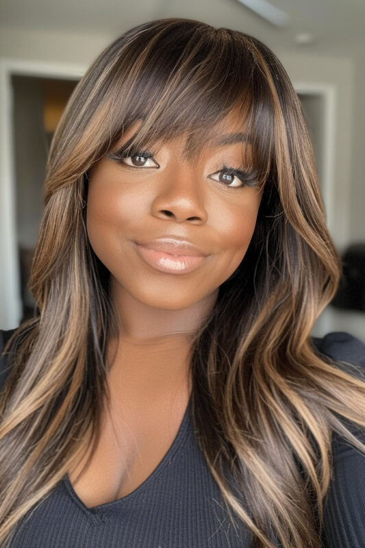 Woman with long brown hair, highlights, and bangs.