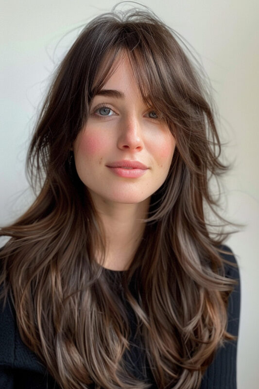 Woman with long brown hair and side bangs.