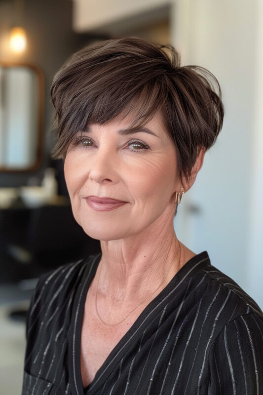 Woman with a long, brown pixie haircut.