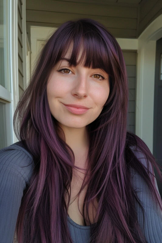 Woman with long burgundy hair and bangs.